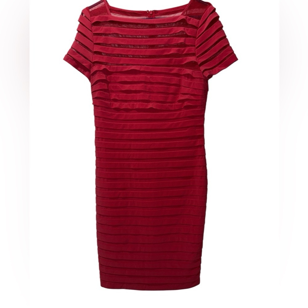 Adrianna Papell illusion bodice pleated sheath dress Red size 10